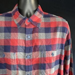 J Crew Men Large Red Blue Gray Plaid Flannel Button Shirt Outdoor  Lumberjack